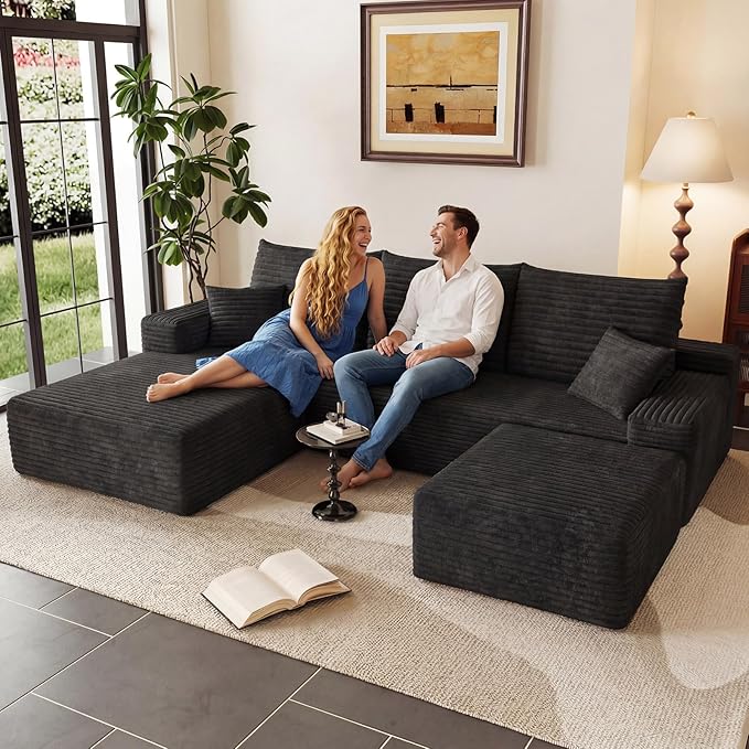 95" U-Shape Cloud Couch, Modern Modular Sectional L-Shape Sofa with Ottoman, Corduroy Upholstered Couches Deep Seat Sleeper Chaise Longue for Living Room, No Assembly Required(Black, Left Facing)