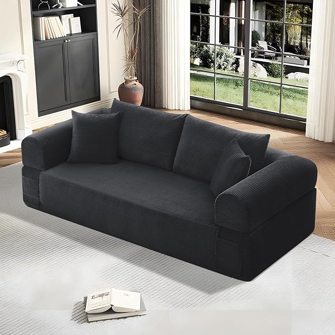 83" Sofa in a Box, 3 Seater Couch No Assembly Boneless Sofa Bed with Cushion Back 2 Matching Pillows Deep Seat Corduroy Fabric Side Storage Pockets for Living Room, Bedroom, Apartment, Office, Black