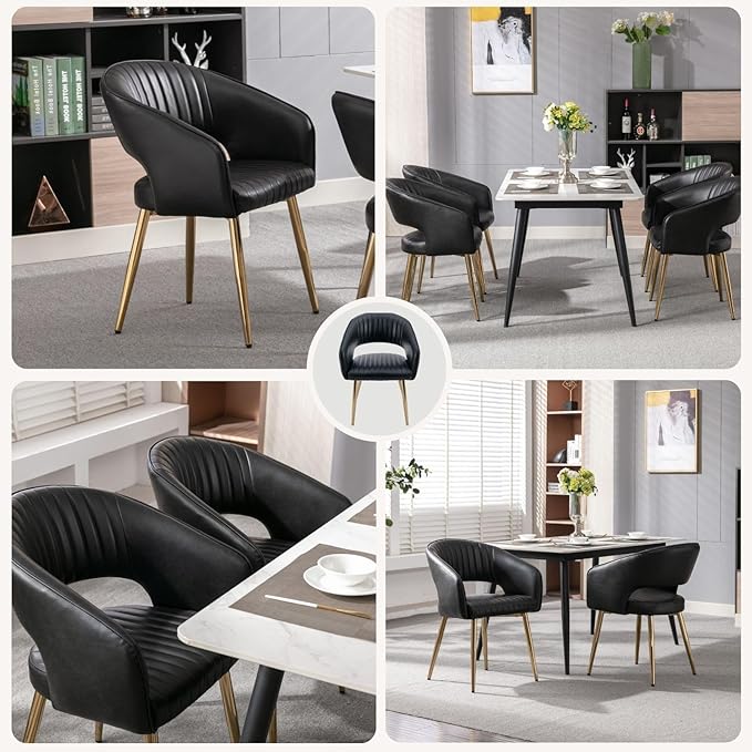 COMULER Faux Leather Dining Chairs Gold Legs, Modern Black PU Leather Dining Room Chairs with Arms Set of 6 Upholstered Accent Chair Armchair with Barrel Back for Kitchen Living Room