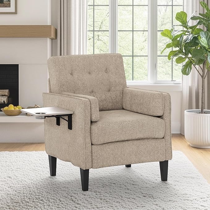 Chenille Accent Chair, Mid Century Modern Arm Chair with Foldable Wooden Side Table & Cup Holder - Comfy Reading Chair for Bedroom,Living Room Chairs,Single Sofa Chair,Beige