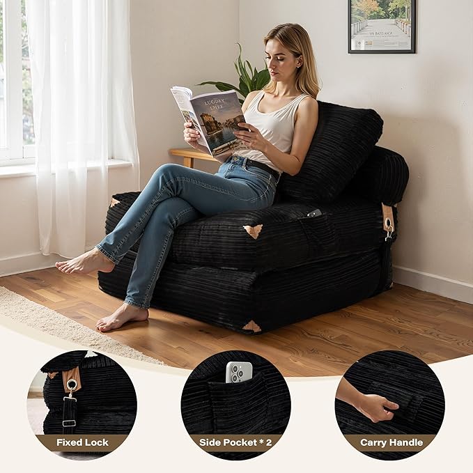 75''Foldable Sofa Bed,Black Convertible Folding Sleeper Chair Bed,Foldable Single Sofa Foam Filling Couch with Pillow, Comfy Corduroy Lazy Floor Sofa for Small Room Living Room Bedroom Apartment