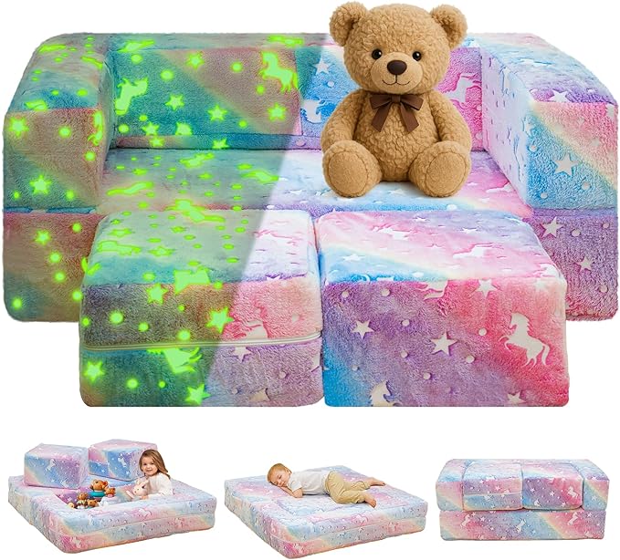 Lamerge Toddler Couch Glow in The Dark Toddler Fold Out Couch for playroom, Convertible Baby Fold Out Play Foam and Floor Cushion for Bedroom (Rainbow+Unicorn)