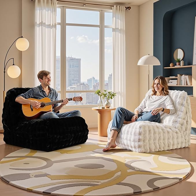 Bean Bag Chair for Adults, Giant Beanbag Lounger with Plush Faux Fur, Comfy Memory Foam Chair Floor Lazy Chair for Living Room Bedroom Dorm Apartment Reading Nook，Black