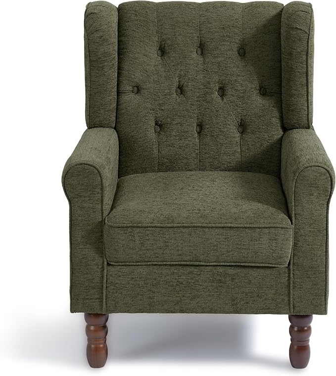 DREAMSIDEA Accent Chair, Upholstered Armchair with Button Tufted High Back & Solid Wood Legs, Comfy Wingback Reading Single Sofa Chair for Small Spaces, Living Room, Bedroom (Green, Set of 2)