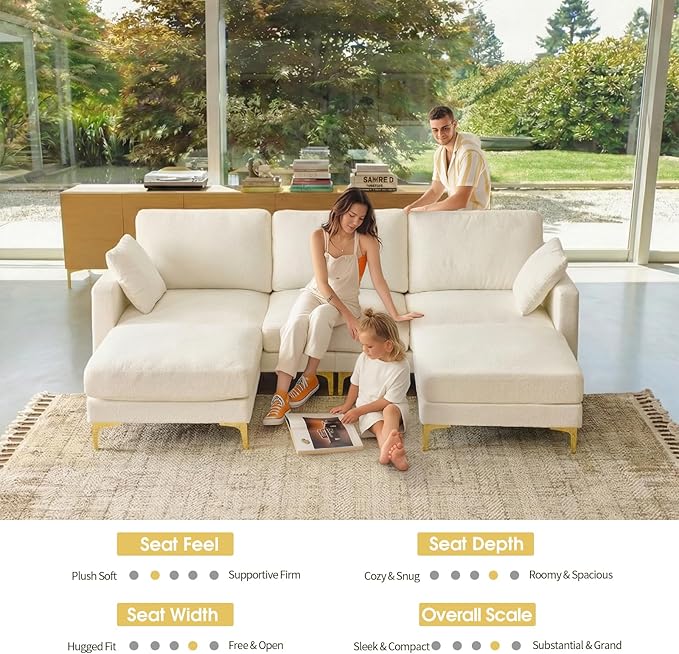 VINGLI 100" W U Shaped Couch with Ottoman, 22" Deep Seat Comfortable Sectional Couches for Living Room, 3 Seater Chenille Fabric Cloud Sofa for Apartment, Small Spaces, Bedroom, Beige