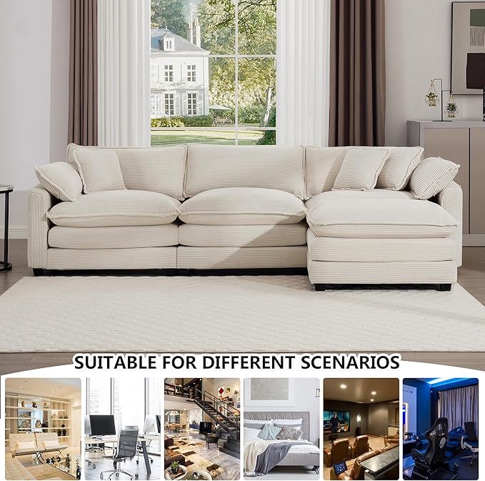 Aoowow Corduroy 3 Seater Cloud Couch with Ottoman,Modern Cloud Couches for Living Room,Modular Sectional Cloud Sofas with Deep Seat,Oversized Tufted L-Shaped Sofa Set (Beige, 3 Seater + 1 Ottoman)