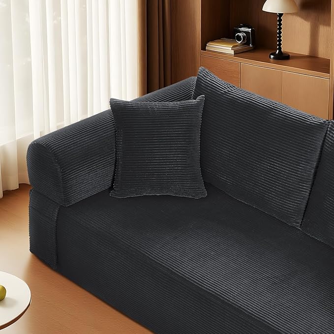83" Sofa in a Box, 3 Seater Couch No Assembly Boneless Sofa Bed with Cushion Back 2 Matching Pillows Deep Seat Corduroy Fabric Side Storage Pockets for Living Room, Bedroom, Apartment, Office, Black