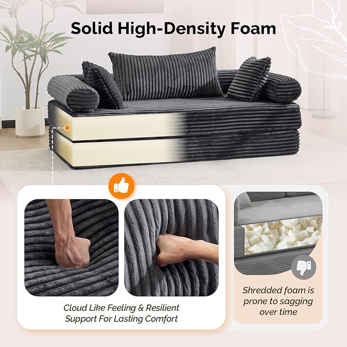 VINGLI Convertible Futon Sofa Bed, Upholstered Corduroy Boneless Couch King Size Floor Loveseat Sleeper Sofa with 2-in-1 Throw Pillow, Couches for Living Room, Bedroom, Lounge, Dark Gray