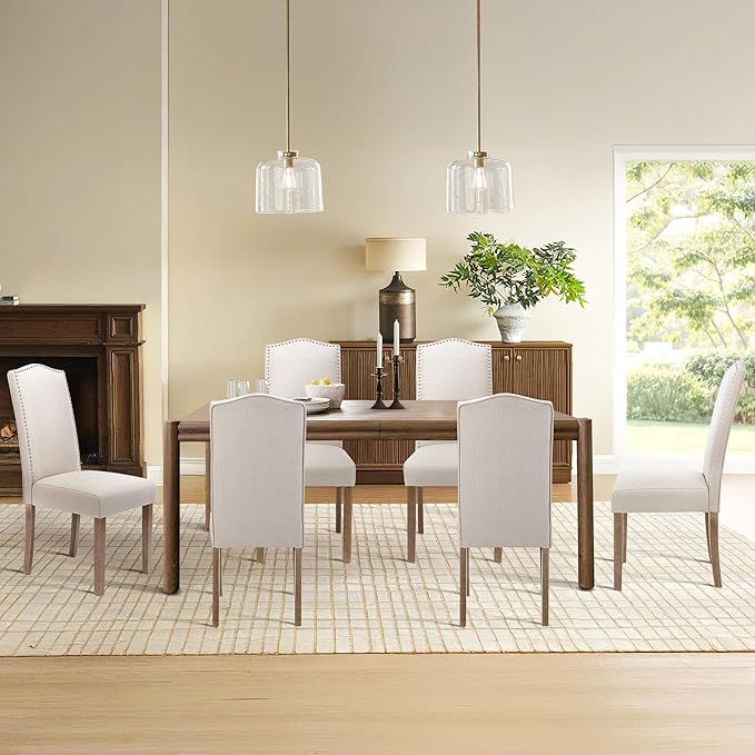 SNUGWAY Upholstered Dining Chair Stylish Parsons Kitchen High Back with Silver Nailhead Trim & Wood Legs, 2-Pack, Fabric Beige