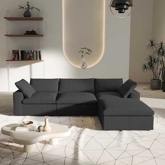 L-Shaped Cloud Sectional Couch, Black Modular Sectional Sofa, Modern Comfy Cloud Sofa with Storage Ottoman, Covers Removable, Convertible Sleeper Couch for Living Room Apartment (Linen Fabric)