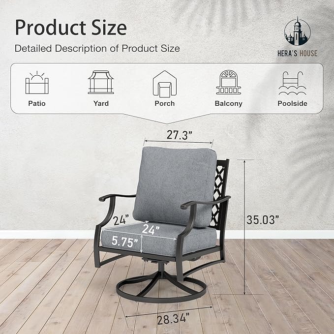 HERA'S HOUSE Outdoor Chairs Set of 2, 2 x Patio Chair with Grey Cushions, All Weather Outdoor Furniture for Lawn Garden Backyard Deck(Swivel Chairs)