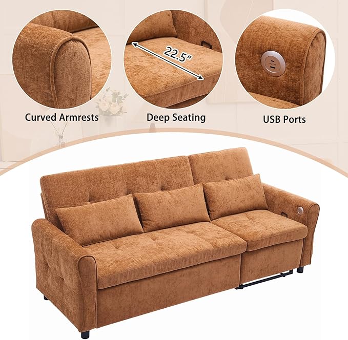 Gagawin 2 in 1 Convertible Sofa Bed with Reversible Recliner, Chenille 3-Seater Couch Sleeper with Pull Out Bed & Adjustable Backrest & Dual USB Charging Ports for Living Room, Brown