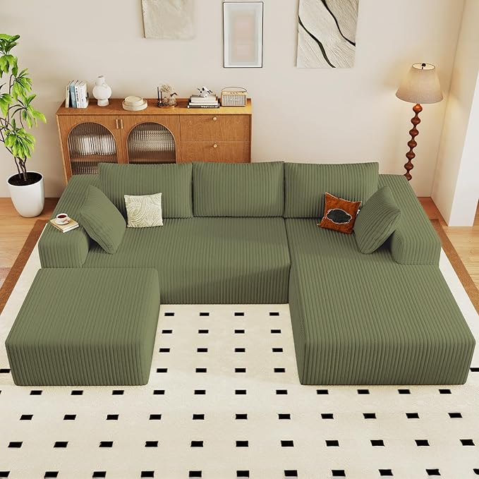96" W Cloud Sectional Couch with Ottoman,Modern U-Shaped Cloud Couch with Deep Seat,Comfy Corduroy 3-Seater Sofa,Memory Foam Sofa for Living Room,No Assembly (Green,Right-Facing Chaise)