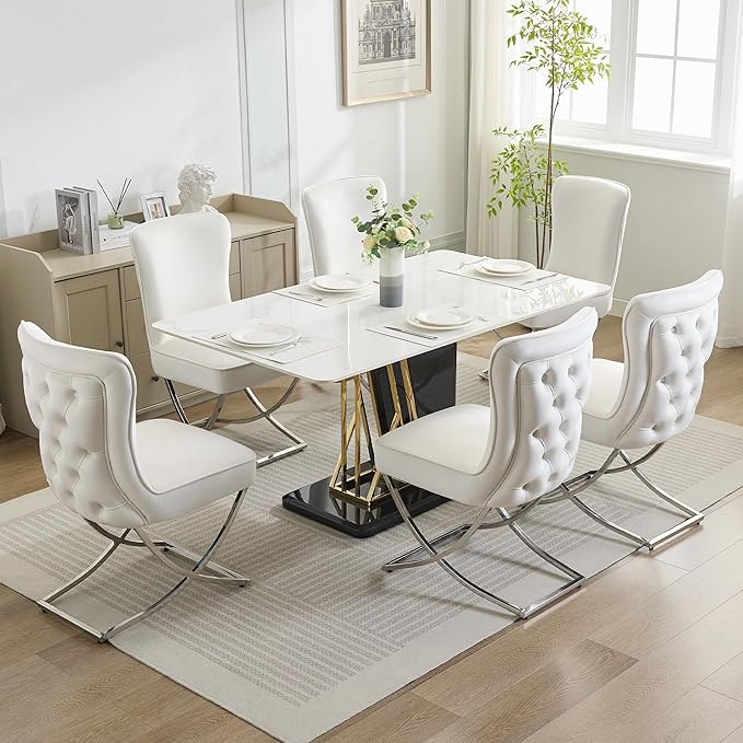 WUTUTUEE Luxury Velvet Dining Chairs, Tufted Upholstered Armless Accent Chairs with Silver Metal X-Legs, Modern Glam Dining Room Chair Set of 4, Beige