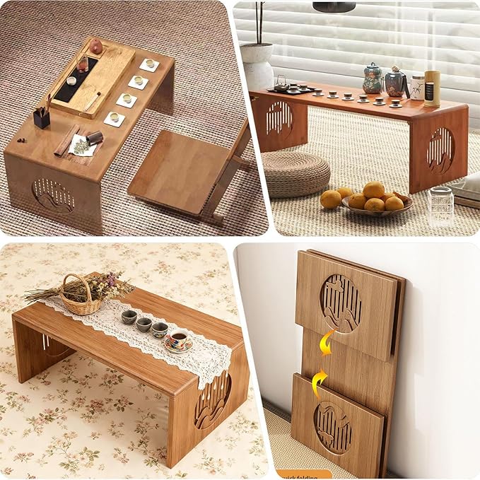 Folding Coffee Table Japanese Floor Table Solid Wood 2026 Newly Upgraded, Portable No Assembly Japanese Meditation Table, Bamboo Japanese Small Coffee Table for Sitting on The Floor, Easy Storage