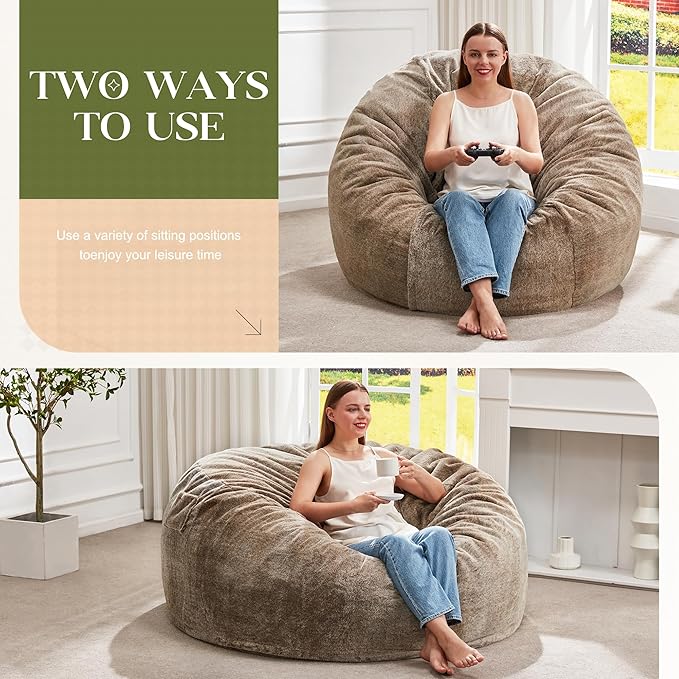 Hobestluk Bean Bag Chairs Giant Beanbag Chair with Filler, Memory Foam Bean Bags with Fluffy & Machine Washable Cover, Bean Bag Chairs for Aduts for Living Room, Bedroom (BROWN, 4FT - 44” x 44” x 24”)
