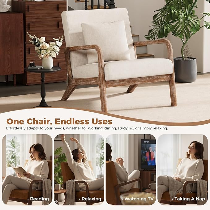 ELUCHANG Mid-Century Modern Chair,Accent Chair with Lumbar Pillow,Upholstered Armchair,Linen Fabric Comfy Reading Chair Beige, Linen, New Armrest, Set of 2