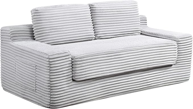 Loveseat Cloud Boneless Couch, Upholstered Floor Sofa with Armrests, 2-in-1 Convertible Corduroy Couch Bed for Living Room, Apartment, Grey