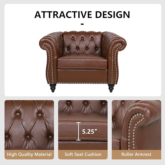 QHITTY Chesterfield Chair Accent Chair, Modern Leather Upholstered Sofa Chair with Tufted Back for Living Room Furniture (Dark Brown)