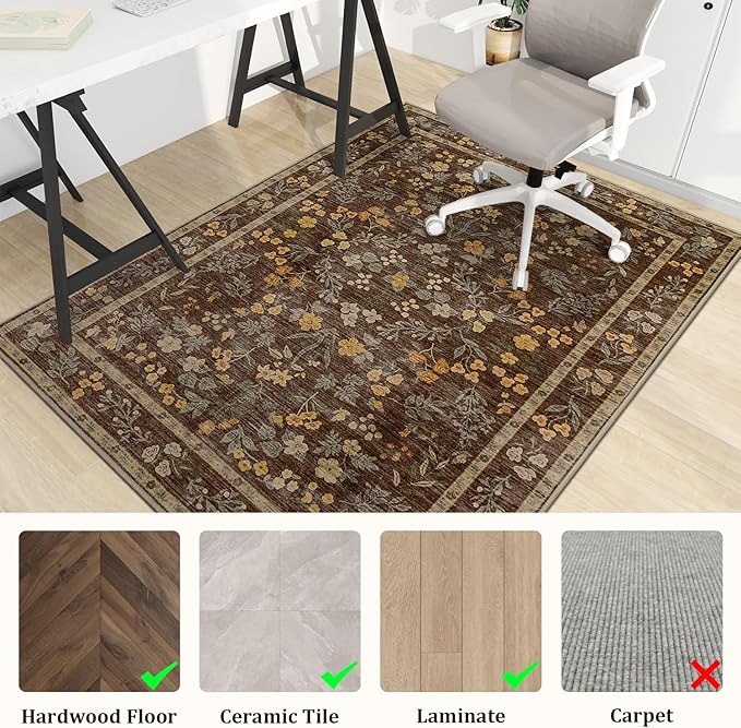 chakme Office Chair Mat for Hardwood Floor, 60"x45" Easy Glide Computer Desk Mat Protector for Rolling Chair Under Desk Rug Nonslip Backing, Machine Wash, (Floral)