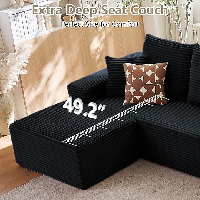 Lakifun 166.9" U-Shape Cloud Couch, Modern Modular Sectional Comfy L-Shape Sofa with Ottoman, Deep Seat, Upholstered Corduroy Sleeper Chaise Longue for Living Room Bedroom, No Assembly Required, Black