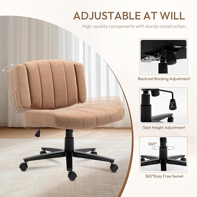 Vigosit Criss Cross Chair with Wheels – Comfortable Vanity Chair, Wide Rolling Cross Legged Office Chairs with Arms, Adjustable Desk Chairs Comfy for Home Office, Swivel Task (Brown)