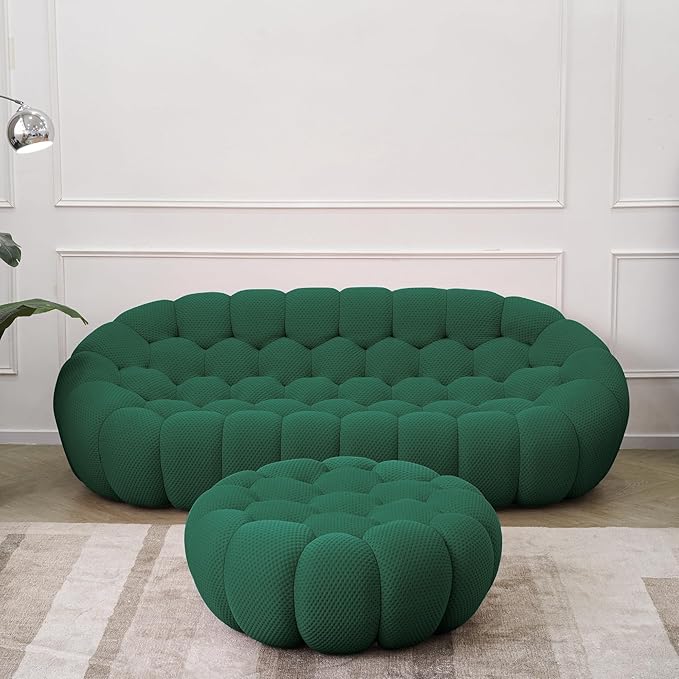 JACH Bubble Sofa with Ottoman, Curved Couch, Comfy Upholstered Sofa, Mesh Fabric 3D Honeycomb Shape Modern Couch for Living Room, Office, Apartment, Small Space (Green)