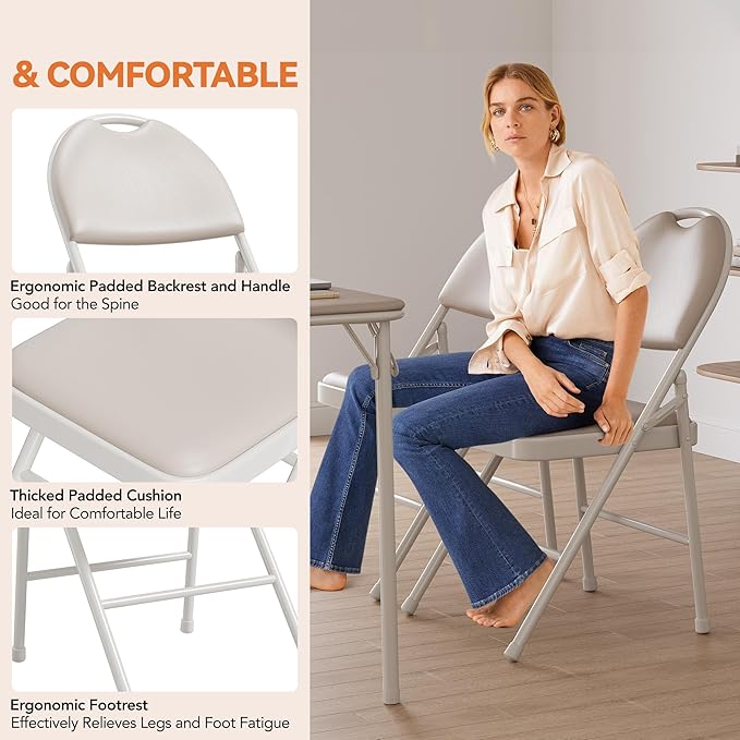 GAOMON 4 Pack Folding Card Chairs, Thickened Padded PU Cushion, Metal Legs and Non-Slip Feet Pads, Portable Stackable Commercial Seat for Events, Office, Wedding, Party, Beige