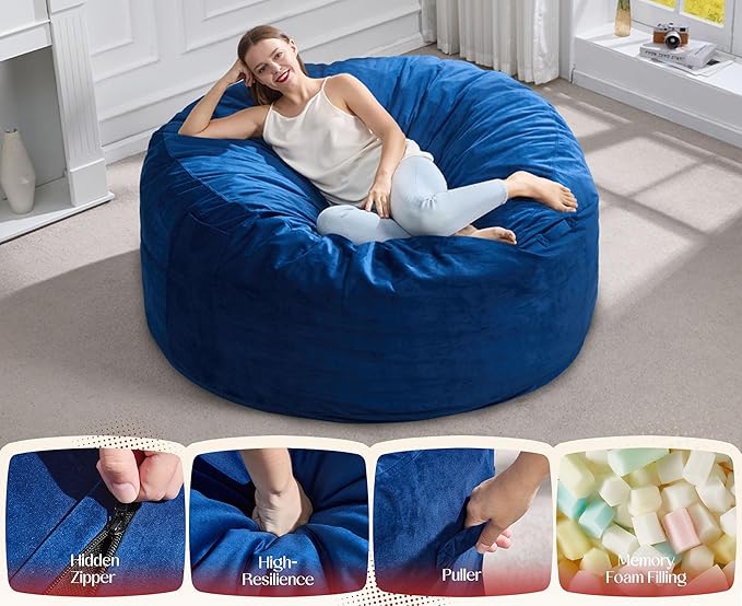Hobestluk Giant Bean Bag Chair Bed for Adults, Large Bean Bags with High-Density Foam Filling, Convertible Big Sofa Bed Couch for Living Room, Bedroom, Playroom (Blue, Queen)