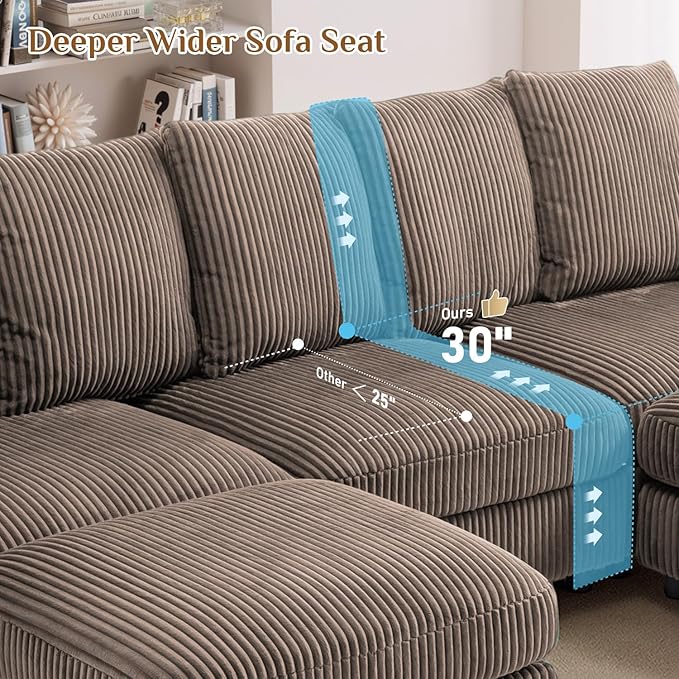 110" W x 60" D U Shape Sectional Sofa with USB Charging & Cup Holder & Storage, 5 Seater Plush Corduroy Couches with Movable Ottoman, Cloud Couch Sofas for Living Room, DIY Combination - Brown
