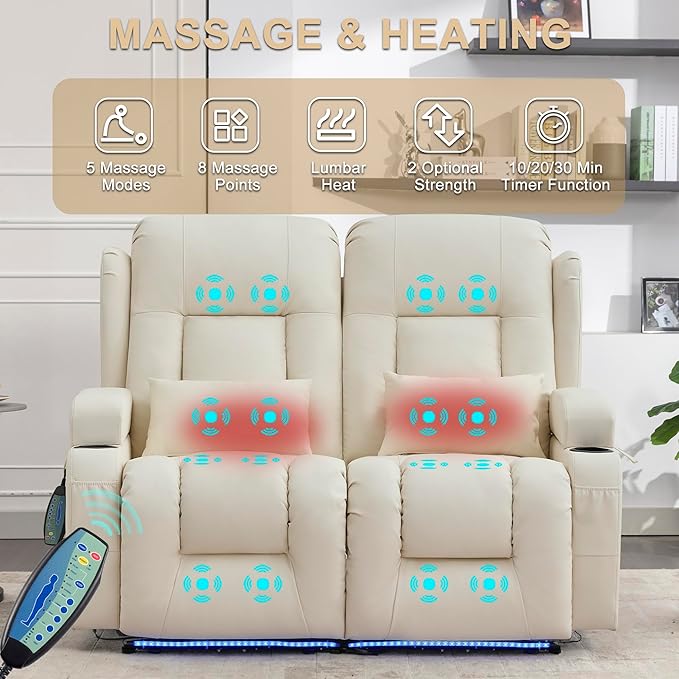 URRED Loveseat Recliner Sofa with Massage and Heat, Power Reclining Loveseat Sofa RV Couch Home Theater Seating with LED Lights, Cup Holders, Side Pockets, USB, Pillows, Faux Leather, Ivory