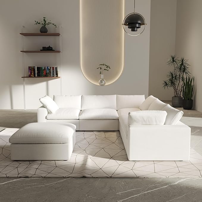 V-Shaped Cloud Sectional Couch, Modular Sectional Sofa, Modern Comfy Cloud Sofa with Storage Ottoman, Covers Removable, Convertible Sleeper Couch for Living Room Apartment (White, Linen Fabric)