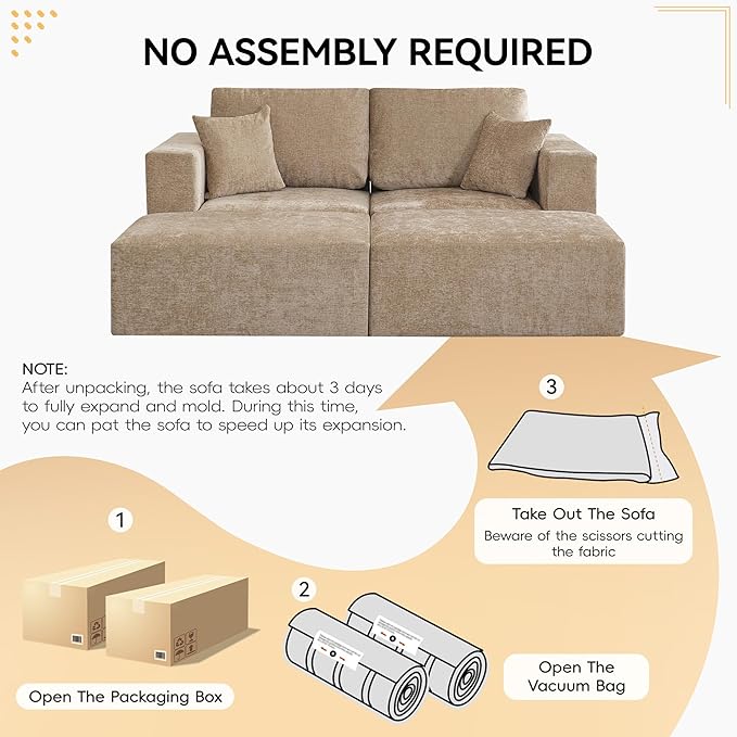 83'' Boneless Loveseat Sofa, Comfy Deep Seat Cloud Couch with 2 Moveable Ottoman, No Assembly Chenille Love Seat for Living Room, Camel