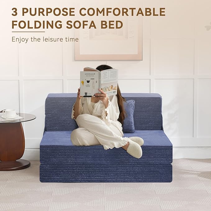 Folding Sofa Bed Convertible Floor Couch Foldable Chair Bed with Pillow，Linen Sleeper Chair Futon,Foldable Memory Foam Mattress for Bedroom/Living Room/Dorm/Office (Corduroy Navy, Standard)
