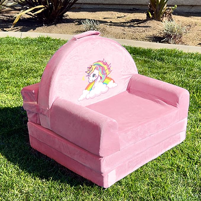 ORWIPO Unicorn Kids Sofa Bed with Removable Washable Cover & Hook and Loop Backrest – Foldable Toddler Chair, Cozy Crystal Velvet Furniture for Playtime, Naps & Travel (Pink, Unicorn Design)
