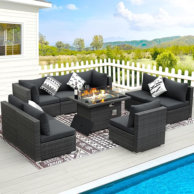RADIATA 9 Piece Wicker Patio Furniture Set with Fire Pit, All-Weather Outdoor Sectional Couch High Back Large Size, Modular Backyard Seating Sofa Set with Propane/Natural Gas Firepit Table, Dark Grey