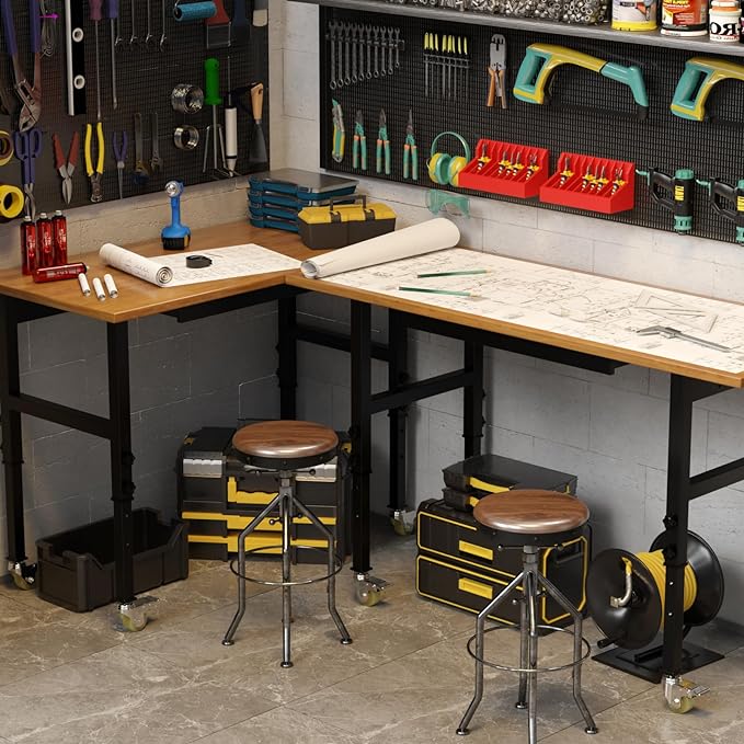 60” Adjustable Work Bench, Heavy Duty Work Table with Power Outlets & Drawers Wheels for Workshop, Garage, 3000 Lbs Capacity