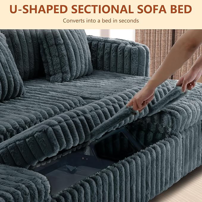 107" Sectional Sleeper Sofa with Pull Out Bed, Comfy Fluffy Plush Corduroy Cloud Sectional Couches for Living Room, U Shaped Modular Couch with Storage Chaise Cup Holder & USB Charger Dark Grey