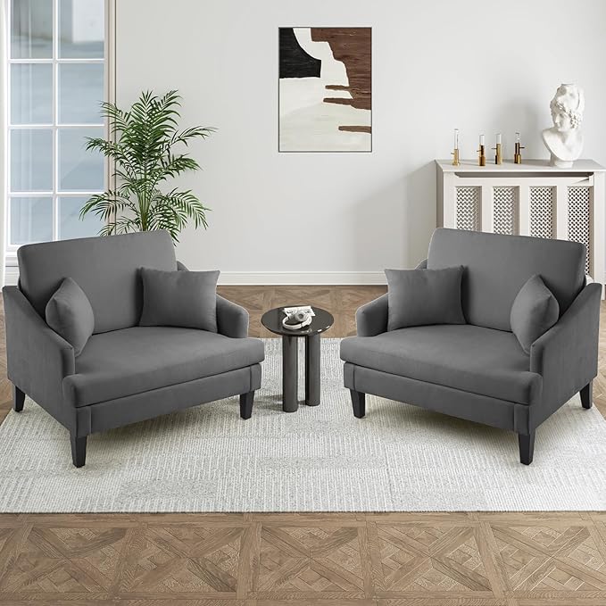 Bezseller Oversized Accent Chairs Set of 2, 33.5'' Wide Seat Comfy Armchair with 2 Pillows, Upholstered Big Reading Chair, Modern Single Sofa Chair for Living Room Bedroom Apartment Office, Dark Grey