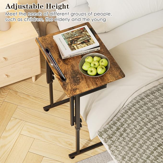Fleecy day Adjustable Folding TV Tray Table,TV Dinner Small Foldable C-Shaped End Table for Eating,6 Height Adjustable Slide Under Couch Side with Sturdy MDF Top,No Assembly(Brown)