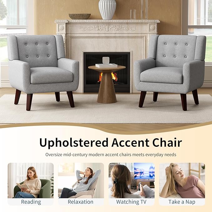 Accent Chairs Set of 2, Mid-Century Modern Upholstered Living Room Armchair, Comfy Linen Fabric Single Reading Arm Chair with Tufted Back and Wood Legs for Bedroom, Club (2, Light Grey)