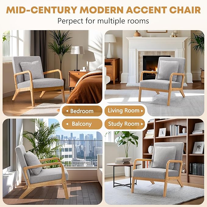 ELUCHANG Mid-Century Modern Accent Chair with Lumbar Pillow, Upholstered Armchair, Linen Fabric Comfy Reading Chair, Lounge Side Chair for Living Room Bedroom Apartment, Easy Assembly