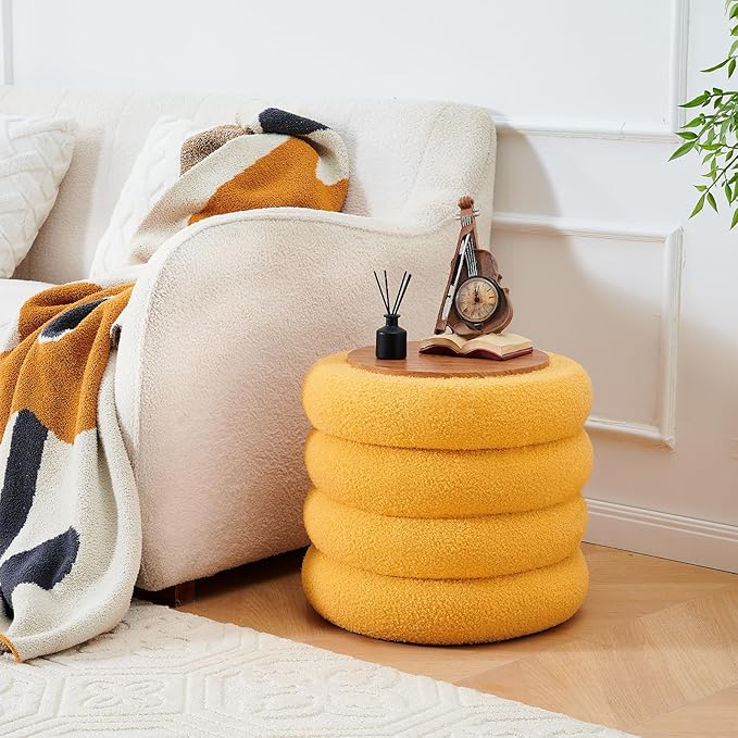 Wimarsbon Round Storage Ottoman, Modern Sherpa Footstool, Teddy Vanity Stool with Flip-Top Tray, Makeup Chair for Home Decor, Upholstered Footrest for Living Room & Bedroom (Yellow)