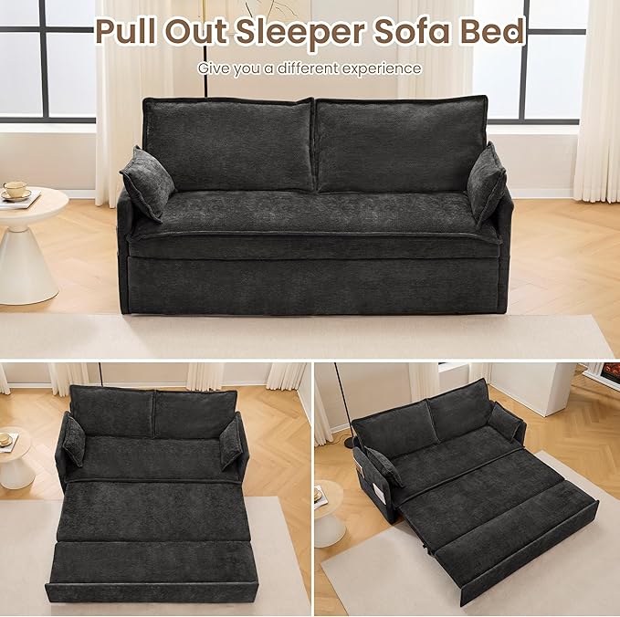 GRAINLLE Pull Out Couch,Loveseat Convertible Sleeper Sofa Bed with USB,Pull Out Sofa Bed Side Storage,2 Pillows,Corduroy Sleeper Couch for Living Room,Bedroom,Apartment,Pet-Friendly(Black, 59.5'')