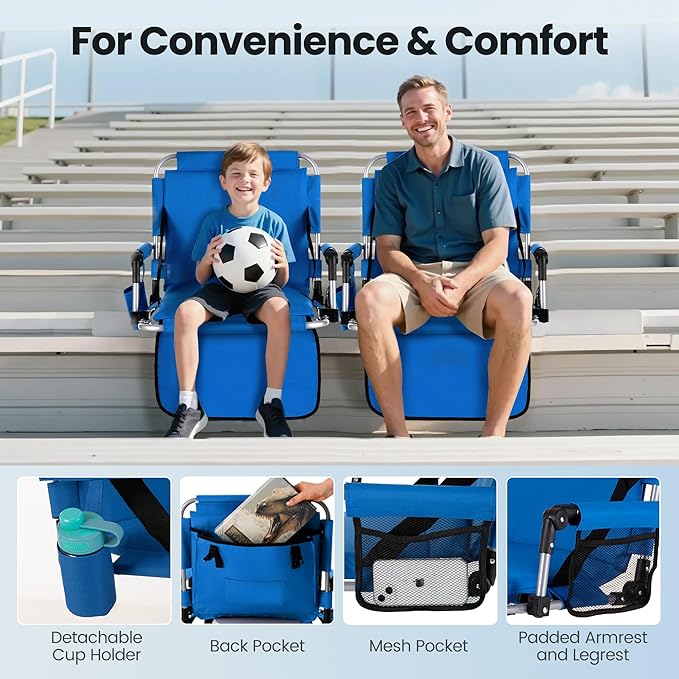 HIGH POINT SPORTS Foldable Stadium Seat Portable Folding Stadium Chairs Padded Bleacher Seat Cushion Bleacher Chair with Armrest and Cup Holder