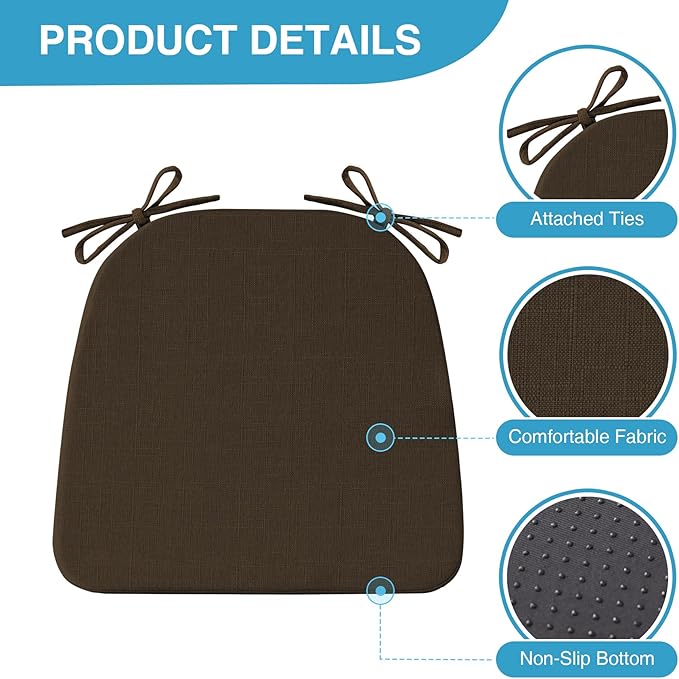 Chair Cushions for Dining Chairs Set of 4, Non Slip Kitchen Chair Pads, 17" x 16" x 2", Indoor Dining Chair Cushions with Ties, D-Shaped Seat Cushions for Kitchen Chairs, Brown