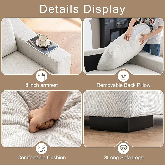 ELUCHANG 85" Modern Sofa Couches for Living Room, 3 Seater Natural Linen Sofa with Extra Deep Seats, Upholstered Cushion&Detachable Cover, Comfy Couch for Small Space, Apartment, White, 2PC