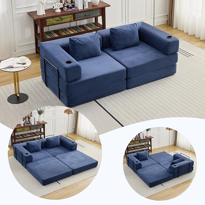 78" Loveseat Sleeper Sofa, 4 in 1 Convertible Floor Sofa Bed, Boneless Cloud Couch with Cup Holder, Fold Out Floor Couch for Living Room Bedroom Lounge, Corduroy, Navy Blue