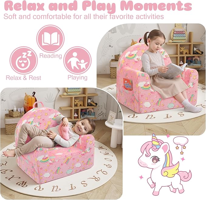 MeMoreCool Comfy Toddler Chair for 1-3 Years Old, Glow Unicorn Kids Reading Chair, Soft Plush Toddler Armchair, Cozy Foam Lounge Kids Armchair for Baby Room, Living Room, Playroom, Reading Nook