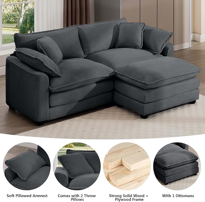 Aoowow Corduroy Loveseat Couch with Ottoman,Modern 2 Seater Cloud Couches for Living Room,Modular Sectional Cloud Sofas Deep Seat,Oversized L-Shaped Couch for Small Spaces (Grey, 2 Seater + 1 Ottoman)